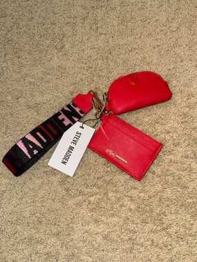 Steve Madden Red Card Holder with Coin Pouch and Branded Strap